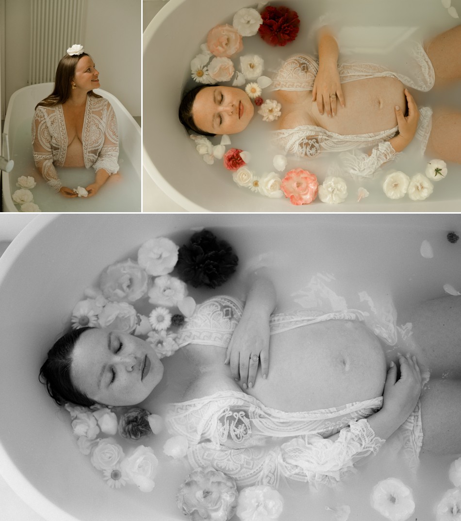 photographie de maternité dans un bain de fleurs